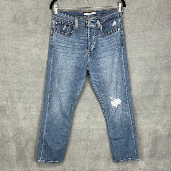 Levis Jeans Womens 30 Blue Wedgie Straight Distressed Button Fly Stretch Pockets - Picture 1 of 15
